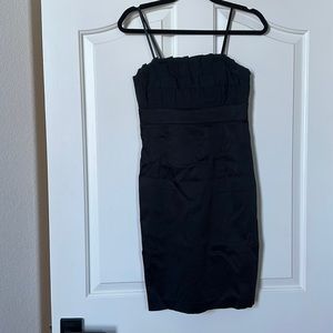 Maggy London black satin ruffle strapless dress